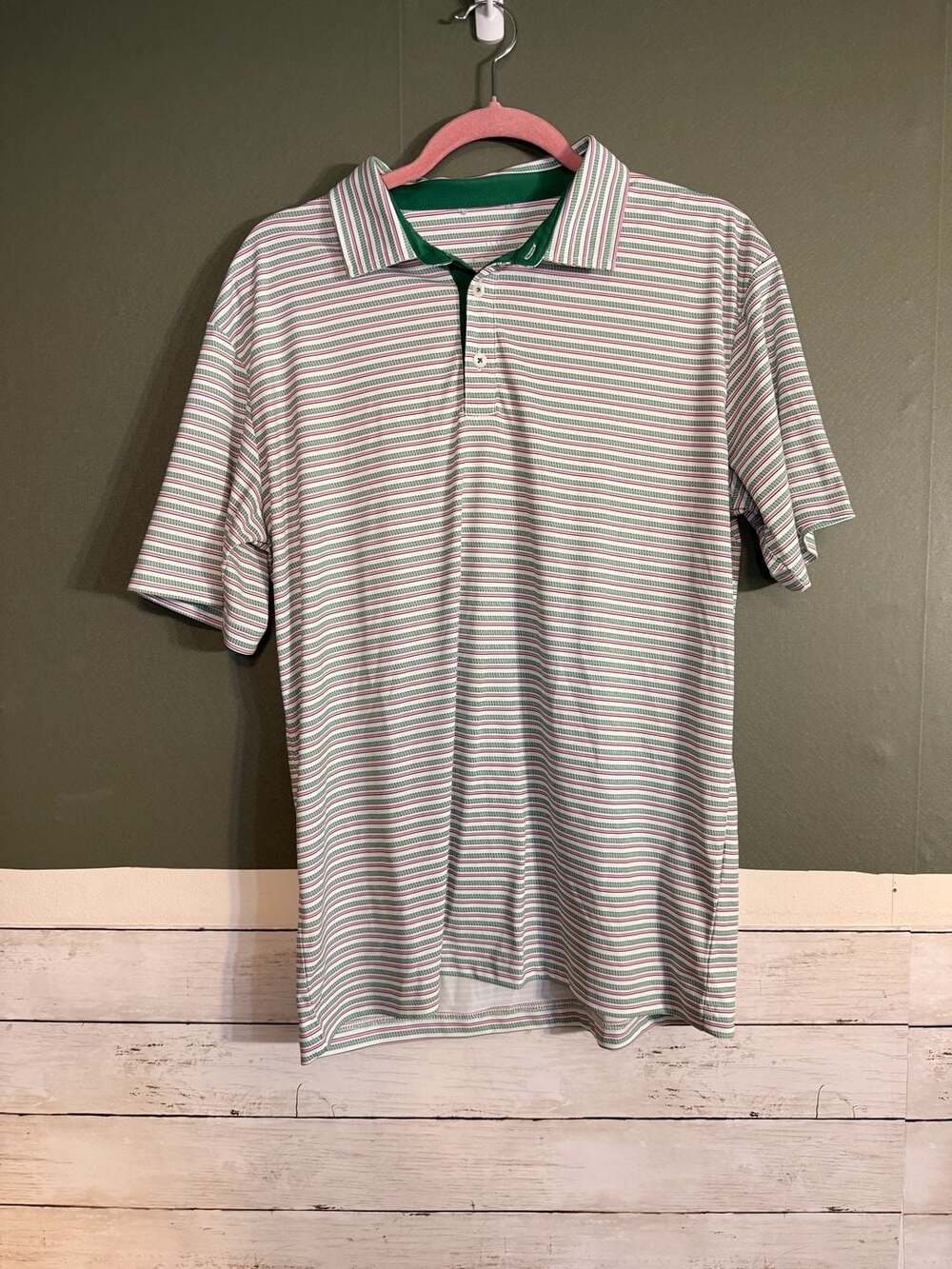 Swannies Men's Medium Golf Polo Shirt Green Pink Striped Tee Pattern Tennis